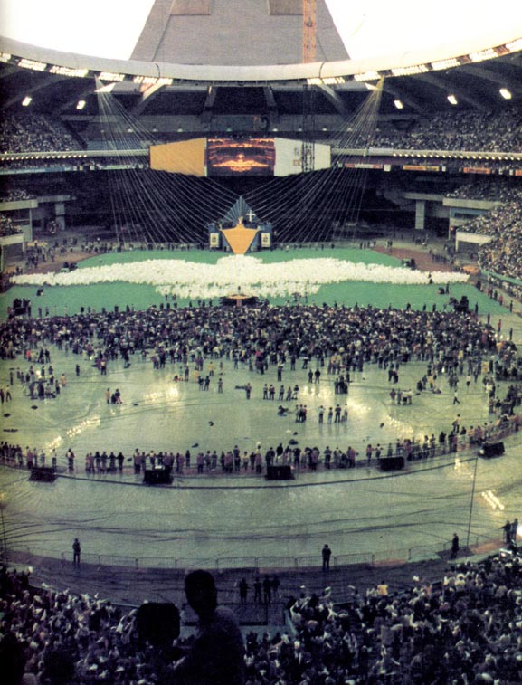 The Montreal Olympic Stadium with a huge white dove performance